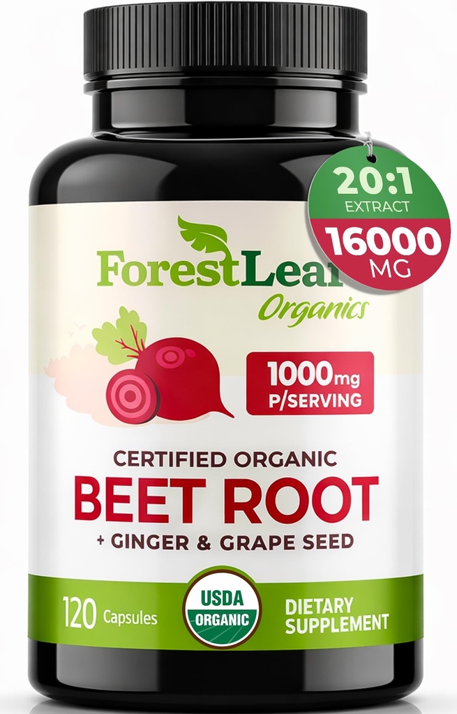 ForestLeaf Organic Beet Root Kapsle - Beetroot dodatek 16000mg Síla 20: 1 Extract Pills w / Ginger Grape Seed CLAS124; Podpora krevního tlaku, Oxid dusičný, Flow, Circulation CLAS124; Beets Powder - 120 Caps