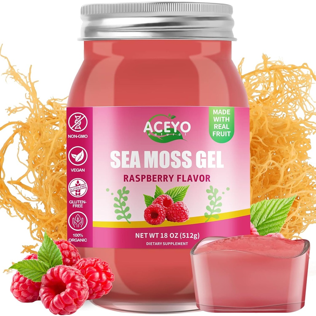 ACEYO (18 OZ) Irish Sea Moss Gel Organic Raw Vegan Raspberry Flavor 102 Vitamíny a Minerály Wild Sklizeň Non- GMO imunitní obrana Booster štítné žlázy stravitelná podpora
