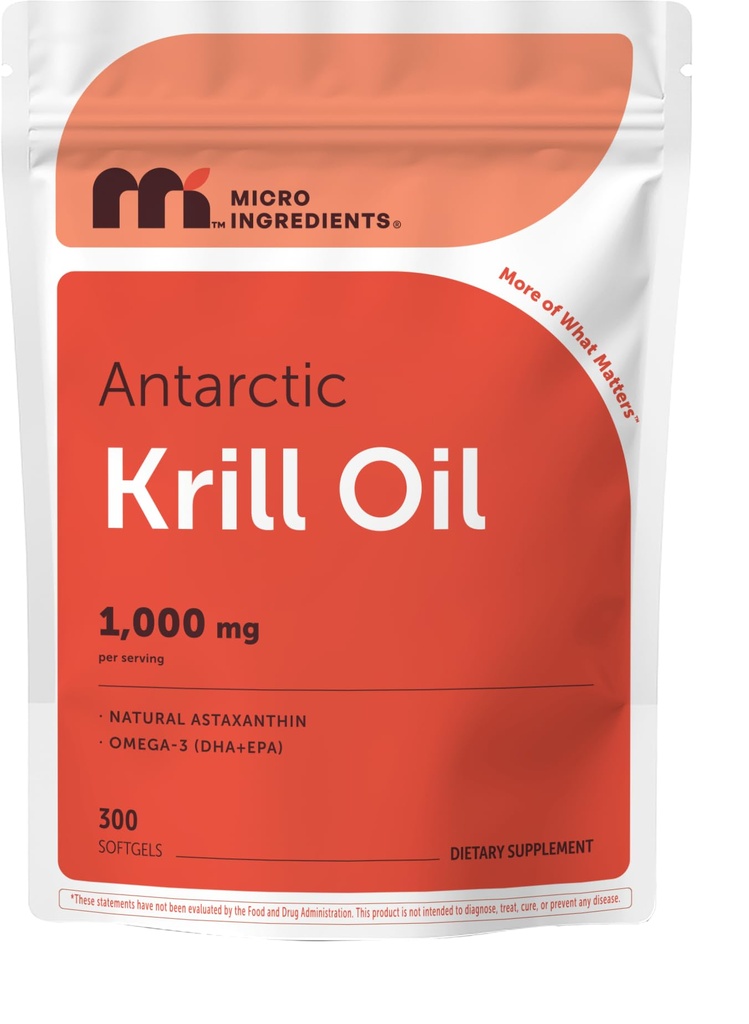 Micro Ingredients Antarctic Krill Oil Supplement, 1000mg Per Serving, 300 Soft- Gels, bohaté na Omega-3s EPA, DHA & Natural Astaxanthin, podporuje imunitní systém & Brain Health, Snadno polykat