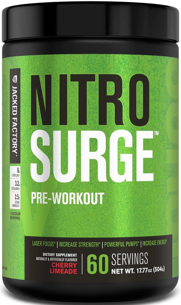 Jacked Factory NITROSURGE Pre Workout Dodatek - Nekonečná energie, okamžité silné zisky, jasné zaměření, intenzivní čerpadla - NO Booster & Powerful Preworking Energy Powder - 60 Služeb, Cherry Limeade