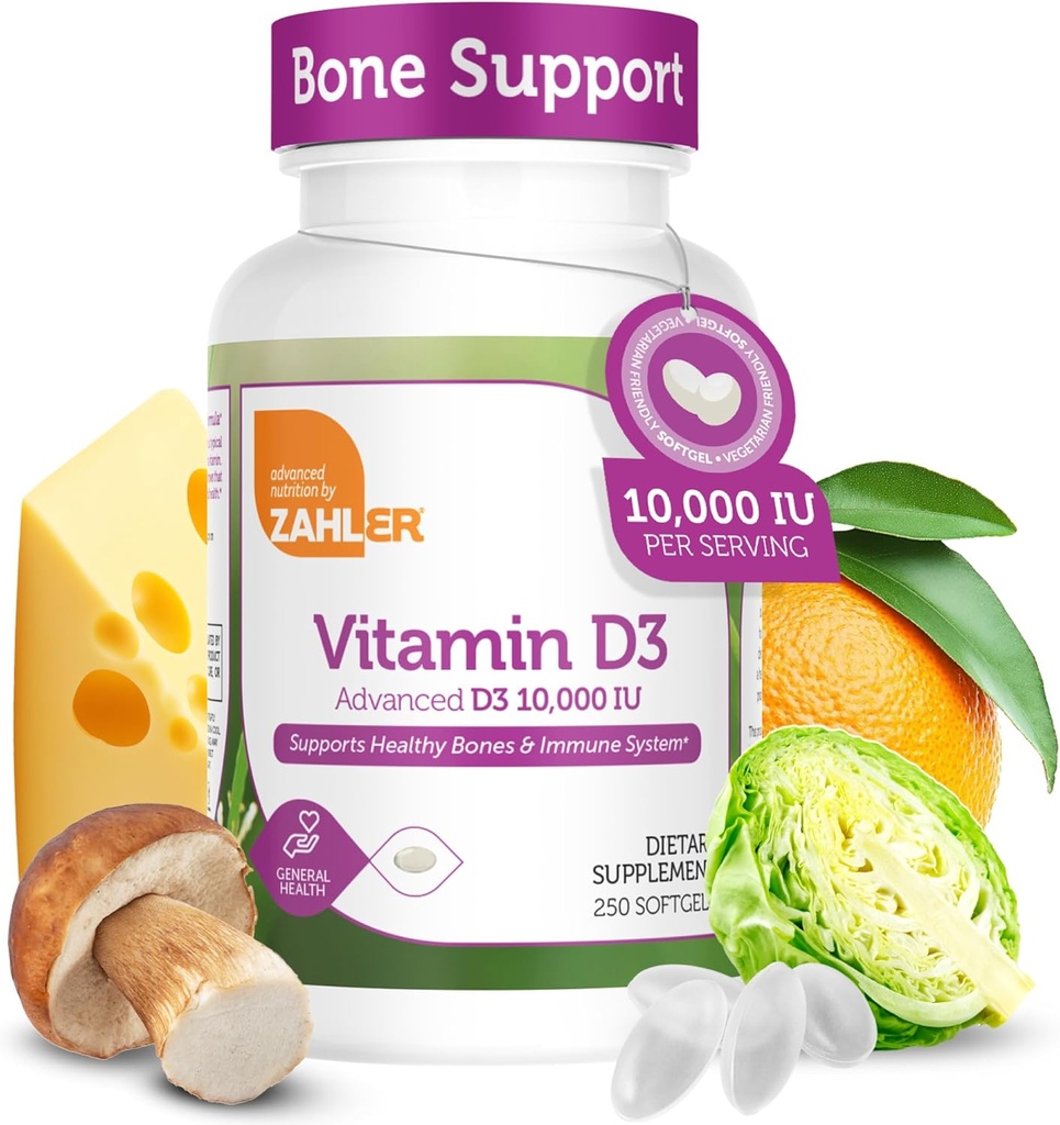 Zahler - Advanced Vitamin D3 10 000 IU Softgels (250 Počet) Kosher Vegetarian Friendly Vitamin D pro imunitní podporu, kosti, zuby a svalové zdraví - Easy Swallow VIT D 3