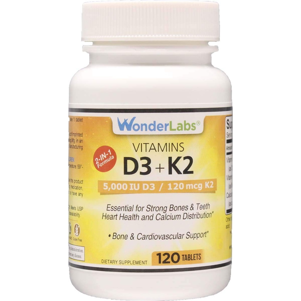 Wonder Laboratories Vitamin D 5000 IU, Vitamin D3 + K2 Podpora zdravého imunitního systému, esenciální pro silné kosti, srdeční zdraví a distribuce vápníku, 120 tablet
