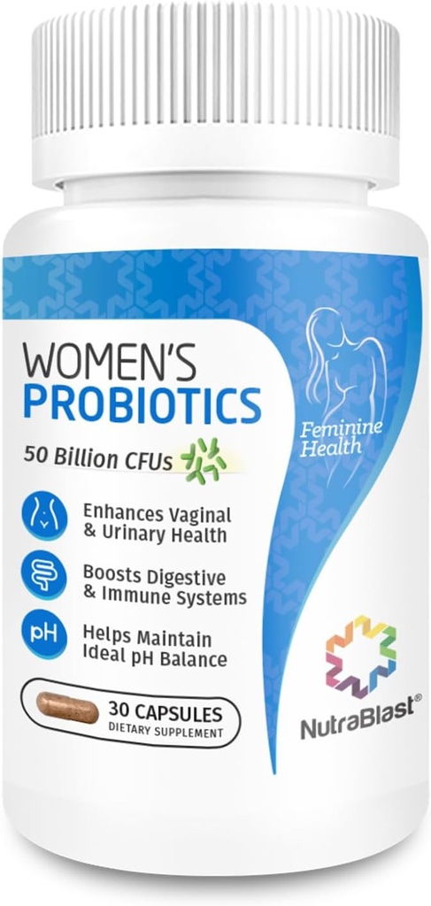 NutraBlast Vaginální Probiotika pro ženy trávicí, Integrovaná rovnováha, UT & Vaginální Zdraví - 50 Miliardy CFU - 6 Strany, Prebiotika, Cranberry Extract & D Mannose - Womens Probiotic (30 Počet)