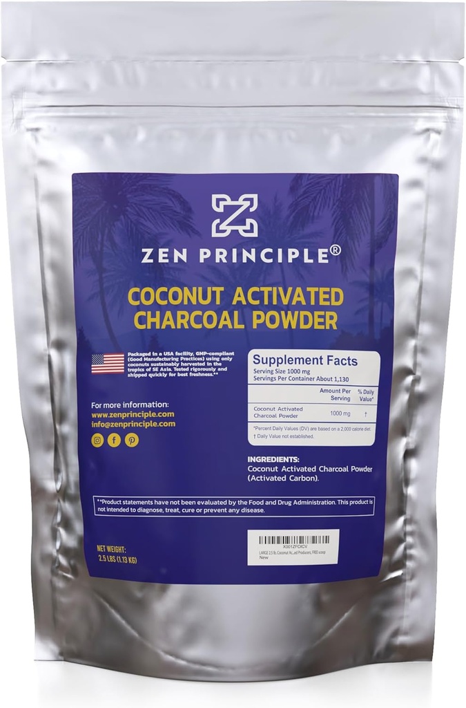 Zen Principle Coconut Activated Charcoal Powder. Bělení zubů, Omlazuje pleť a vlasy, podporuje lepší trávení. USA- vlastněné producenty, 2,5 lb