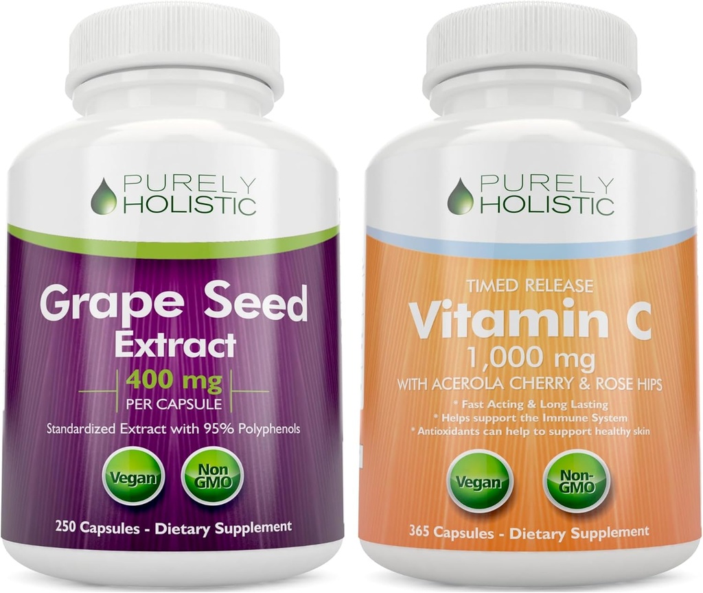 Čistě holistický Grape Seed Extract 400mg + vitamín C 1000mg Time Release Bundle - 615 Vegan Kapsle - Vyrobeno v USA