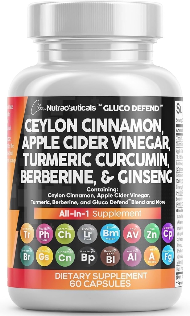 Clean Nutraceuticals Ceylon Skořice Kapsle + Berberine Kurkuma Jablko Cider Ocet Ginseng Bitter Melon Gymnema Mléko Thistle Fenugreek dodatek pilulky prášek pro muže a ženy