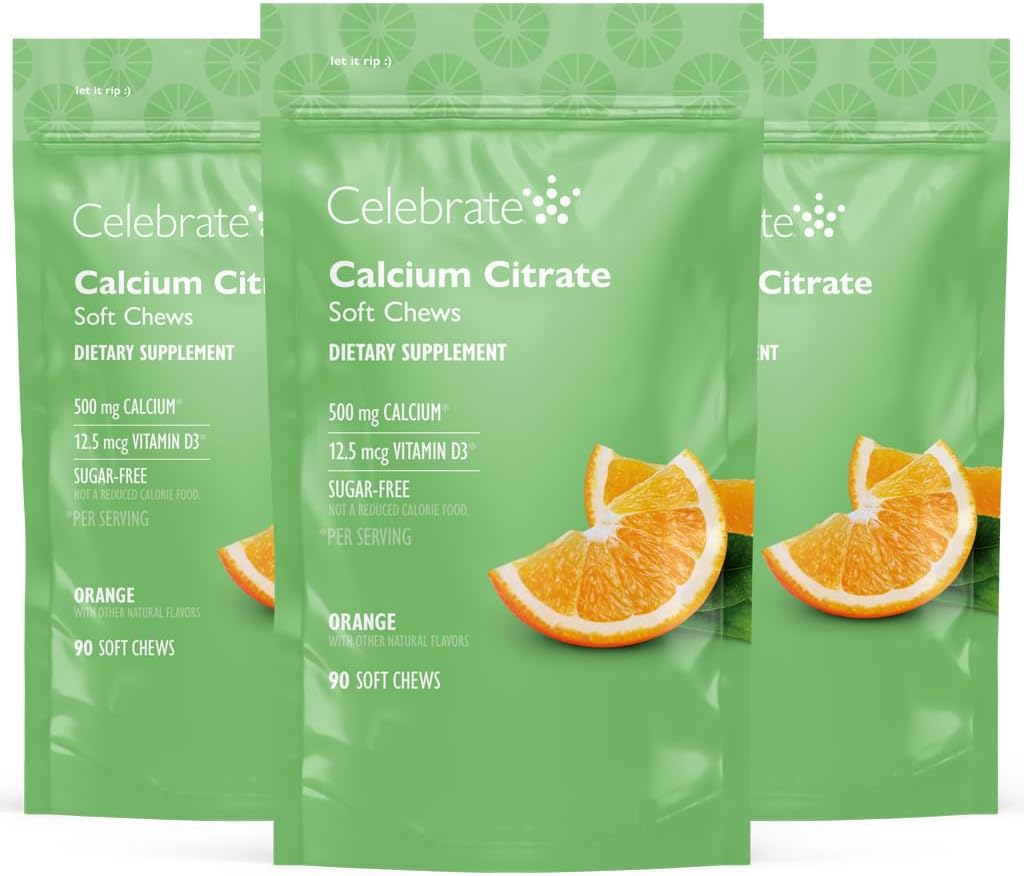 Oslavte vitaminy Bariatric 500 mg vápníku Citrát měkké žvýkačky s 500 IU vitaminu D3 - esenciální pro gastrické bypass pacientů & zdraví kostí - cukr & gluten zdarma, pomeranč (270 Žvýkání)