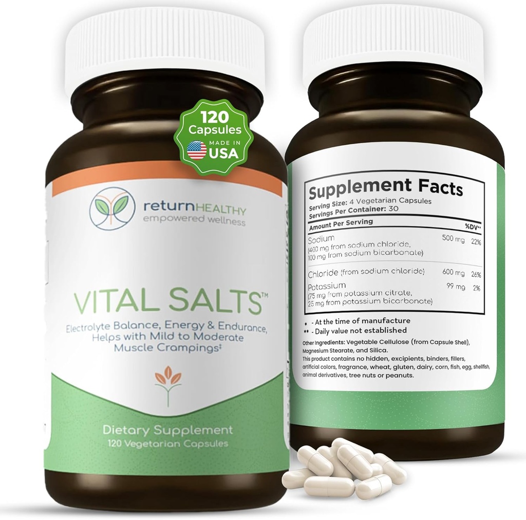 Vital Salts, Electrolyte Salts for Energy and Endurance, Chlorid sodný, Electrolyte doplňky, Krevní tlak Supplement, Svalové křeče Relief, 120 Slané kapsle - Návrat Zdravý