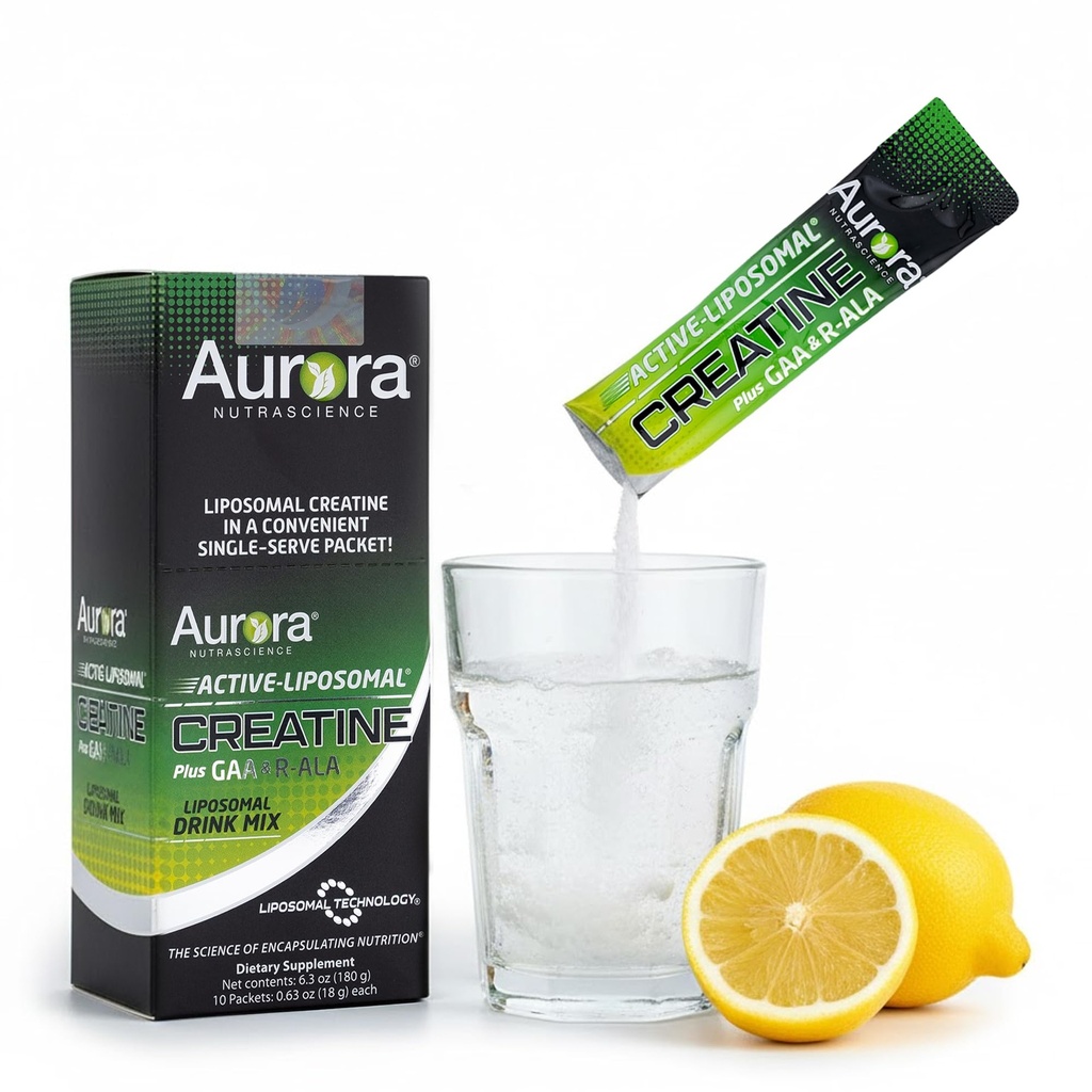 Aurora Nutrascience Liposomální Creatine + GAA & R-ALA Lemon Lime Powder Drink Mix, Zvýšená energie, Podporuje výkon cvičení a růst svalů pro ženy a muže, 10 Packets