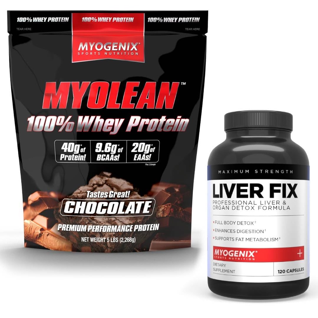 Myogenix Doplněk pro podporu jater a Myolean Chocolate Whey Protein - Pokročilé zdraví jater & Muscle Recovery s 40g High- Protein Whey - Podpora detox, růst a výkon