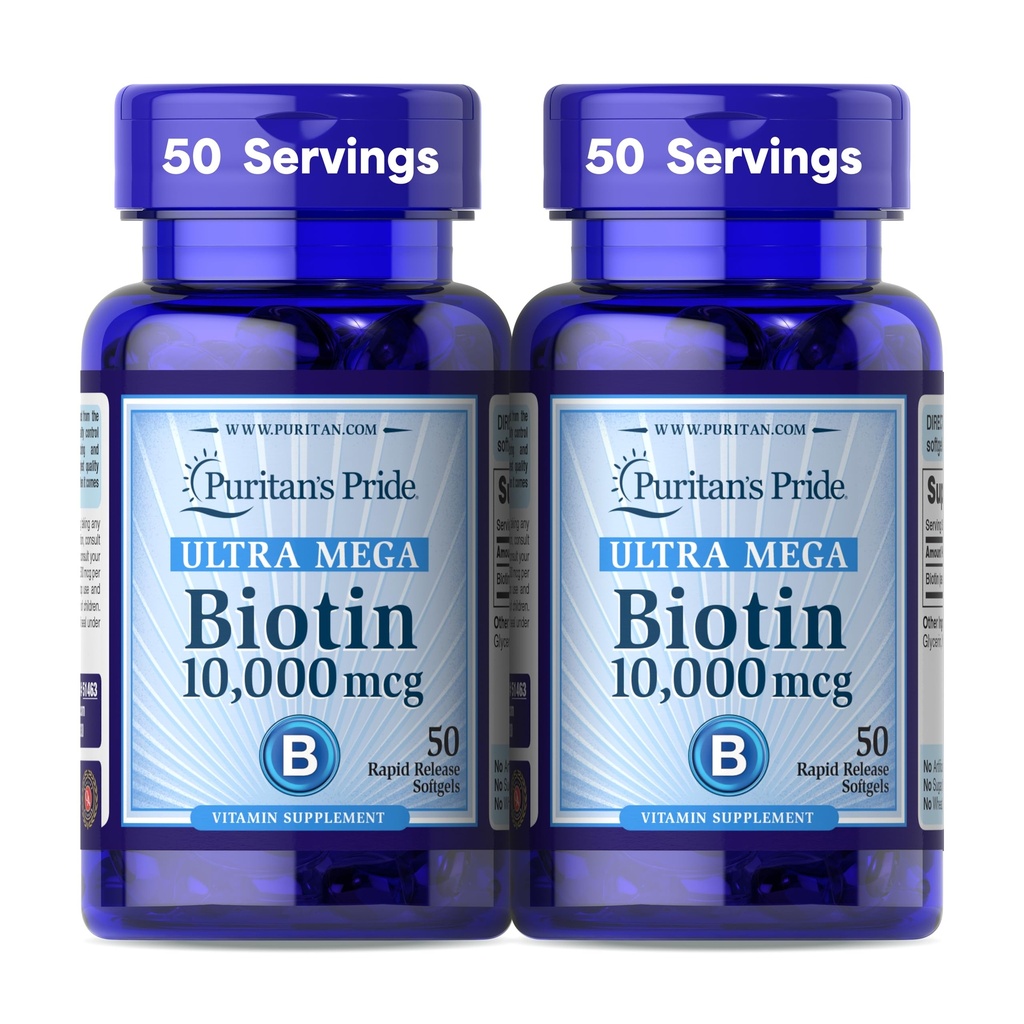 Puritan je Pride Premium Ultra Mega Biotin 10,000mcg, Dietní dodatek pro zdravé vlasy, kůže, hřebíky, a energie metabolismus podpora, 100 den dodávky, 50 Rychlé uvolnění Softbels, 2 balení
