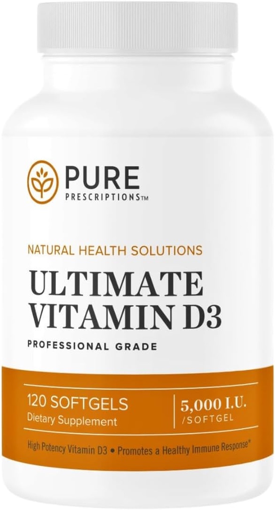 Čisté preskripce Ultimate Vitamin D3-5000 IU - Vysoká absorpce Vitamin D dodatek k podpoře zdravých kostí s imunitním systémem a kardiovaskulární podporou - 120 Softgels - USA Made