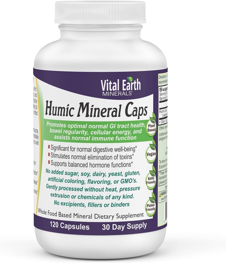 Vital Earth Minerály Humické Minerály Kapsle - 70 + Stopy Minerály s přirozeně Occurring Fulvic Acid, Alkalizace Minerální dodatek pro Detox, Gut Health, Wellness, 120 Počet