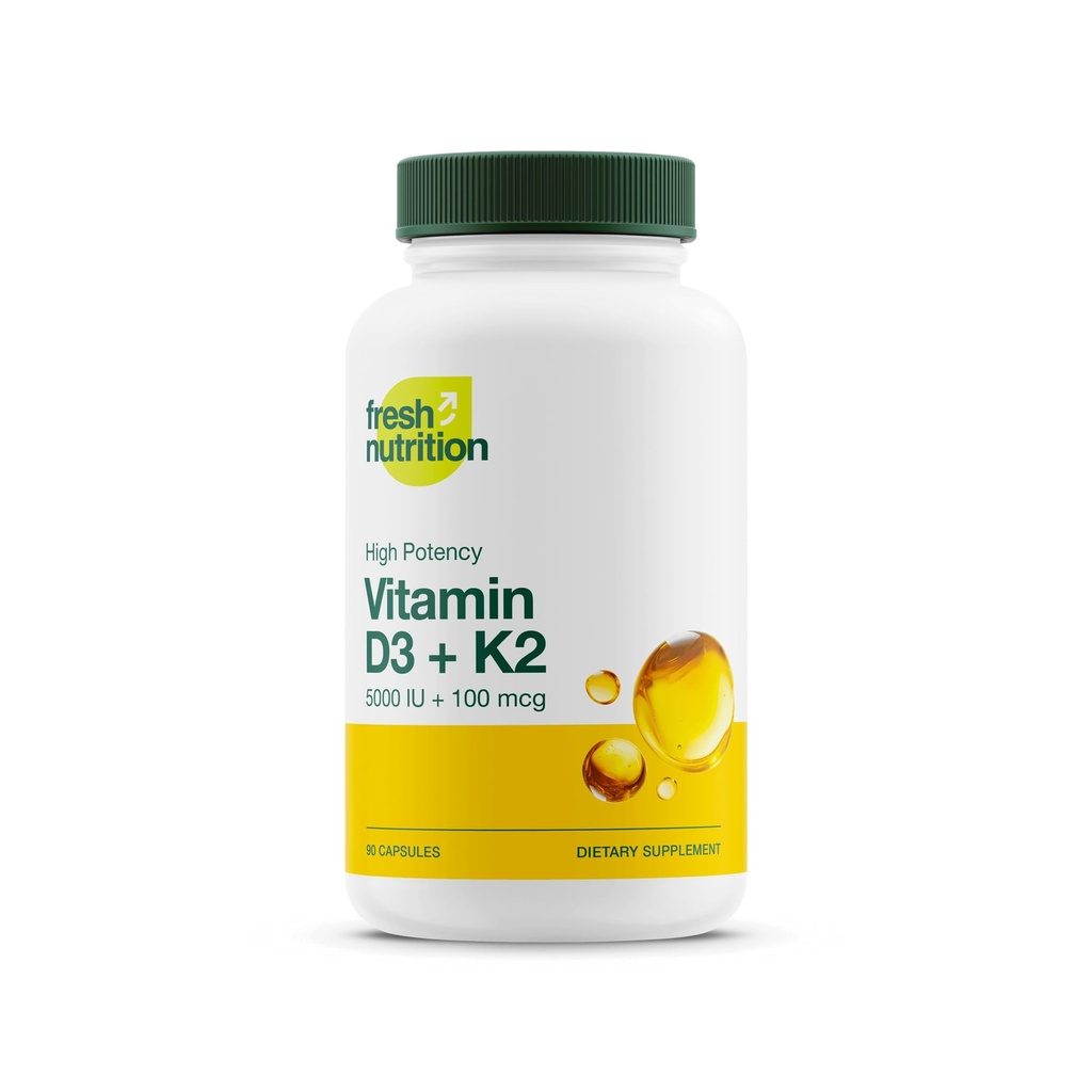 Čerstvý nutriční vegan vitamin D3 + K2 Kapsle - 5000 IU D3 + 100mcg K2 jako MK-7 pro optimální absorpci - imunitní zdraví, zdraví kostí, mood - Non GMO - 90 Kapsle, 3 měsíční dodávka