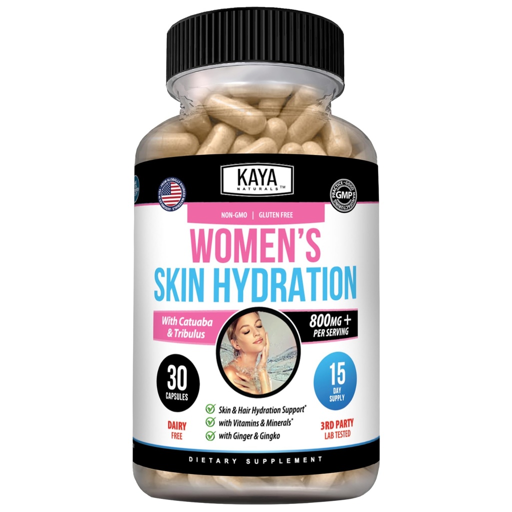 Kaya Naturals Skin Hydration Vitamíny - Ženské pilulky - Kožní Enhancer Kapsle - Hydration Booster pro ženy - Podporuje zvýšení energie, Mood & Stamina - Snížení sucha - 30 Veggie Kapsle
