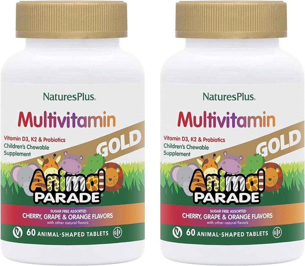 NaturesPlus Animal Parade Gold Children 's Multivitamin - Assored Cherry, Orange & Grape Flavors - 60 Žvýkací tablety, balení po 2 - Vegetariánské, gluten zdarma - 60 Celkem Služeb