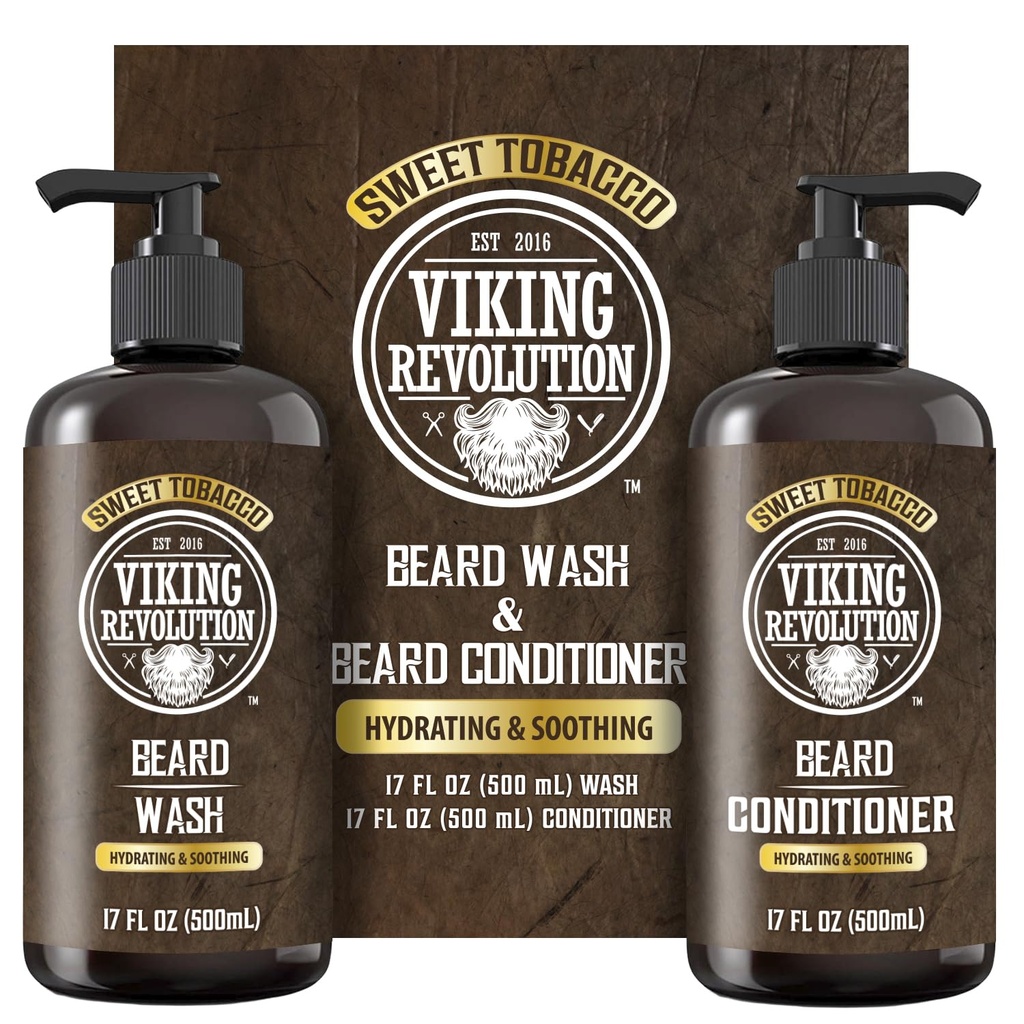 Viking Revolution Beard Wash and Beard Conditioner for Men with Argan Oil and Jojoba Oil - Beard Softtener and Posilovač Beard Care Shampool and Conditioner with Beard Oil (17oz, Sweet Tobacco)