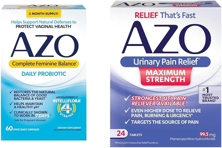 AZO Kompletní femininní rovnováha Denní Probiotika pro ženy, Klinicky prokázáno, že pomáhají chránit vaginální zdraví a močové bolesti Relief maximální sílu 124; Rychlá úleva od UTI bolesti, pálení a naléhavosti