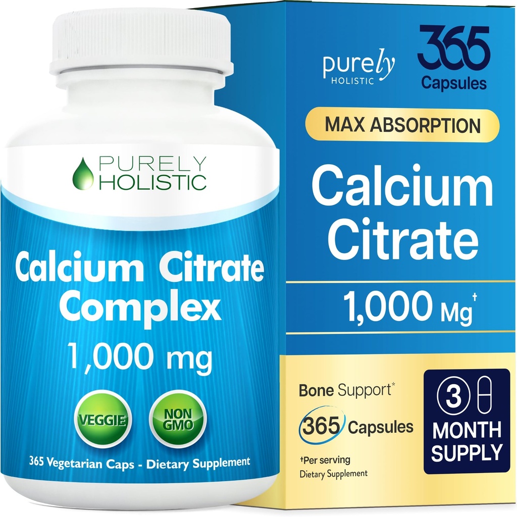 Vápník Citrát 1000mg - 365 Vegan Kapsle ne Tablety s přidanými petrželky, Pampeliška a vlaštovka - Bez vitaminu D - Vyrobeno v USA Purely holistic