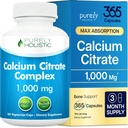 Vápník Citrát 1000mg - 365 Vegan Kapsle ne Tablety s přidanými petrželky, Pampeliška a vlaštovka - Bez vitaminu D - Vyrobeno v USA Purely holistic