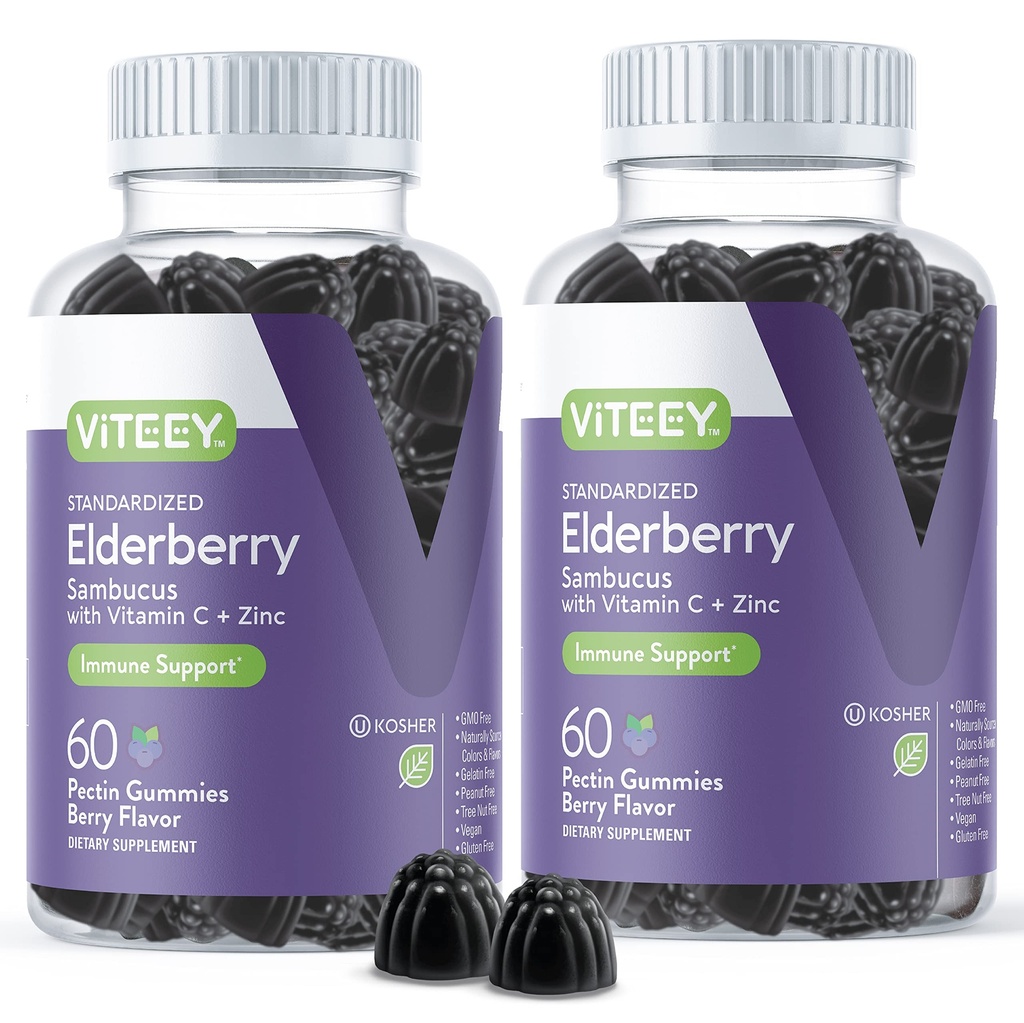 Viteey Sambucus Elderberry Gummies pro dospělé - Elderberry Vitamin C a Zinek Imunity Gummies - Vegan, Gluten- Free - 120 Počet