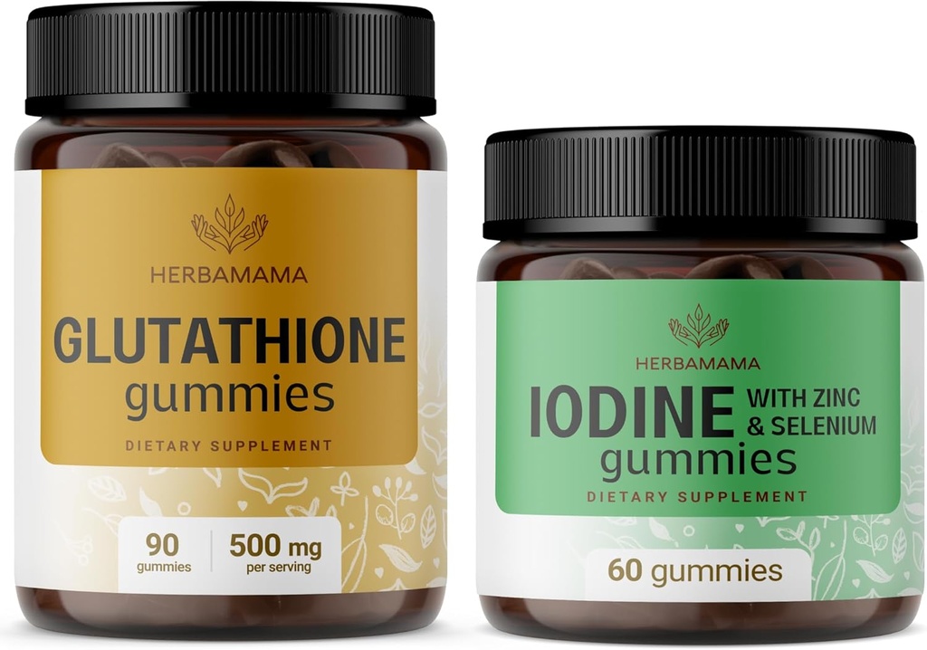 HERBAMAMA Glutathione a jód Kit - Bundle 500 mg redukované L- Glutathione & Draslík Jod Gummies - Vegan, Non- GMO, Gelatin- Free - 2 Pack