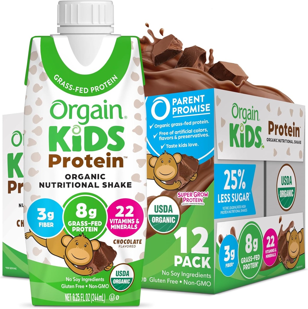 Orgain Organic Kids Protein Nutritional Shake, Chocolate - 8g proteinu, 22 Vitamíny & Minerály, Ovoce & Zelenina, Gluten Free, Soy Free, Non- GMO, 8.25 Fl Oz (balení po 12)