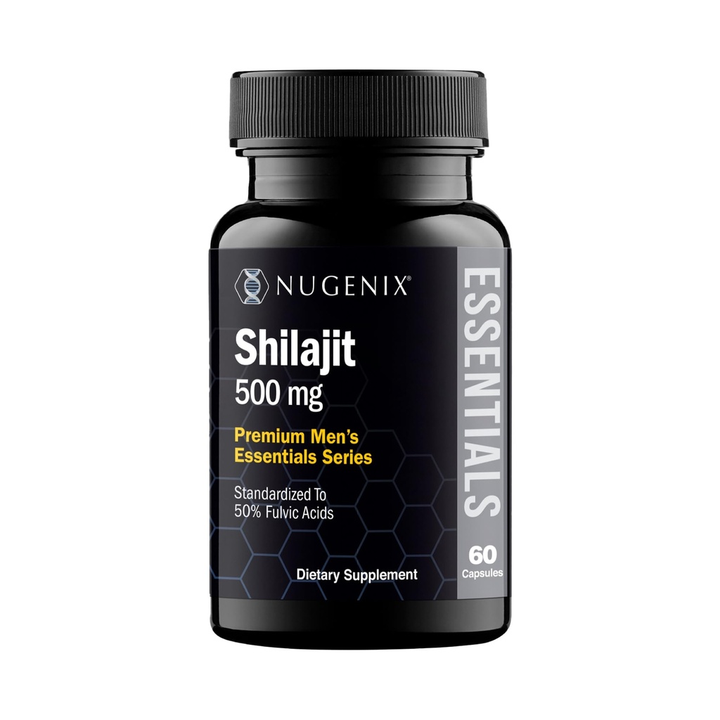 Nugenix Essentials Shilajit Kapsle Dodatek pro muže a ženy - 500mg, Standardizované na 50% Fulvic Acids, Himalayan, 60 Kapsle