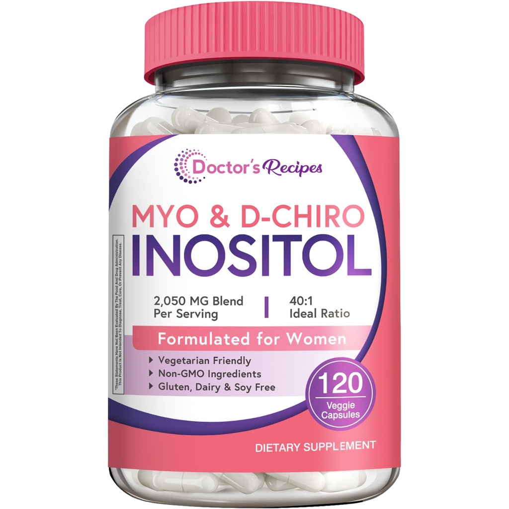 Lékařské recepty Inositol dodatek, Myo- Inositol & D- Chiro Inositol Kapsle 2050mg na servírování, Ideální 40: 1 Směs, Hormon Balance pro ženy, Ovarial Function & Fertility Support, 120 Vegan Caps