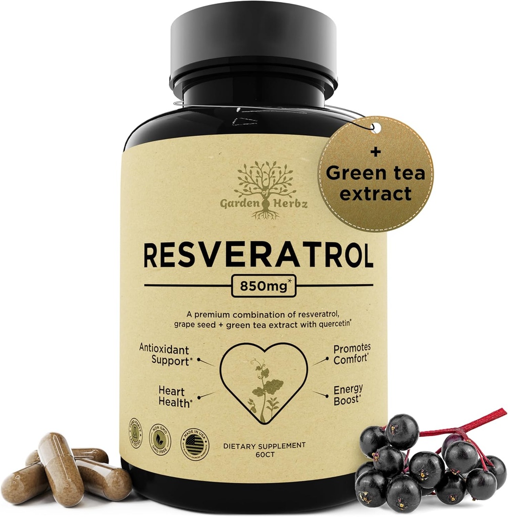 Resveratrol dodatek s Quercetin & Grape Seed - 850mg Bylinné mísení, High Potency Polyfenols & Antioxidants pro General Wellness, 60 Veganských kapslí