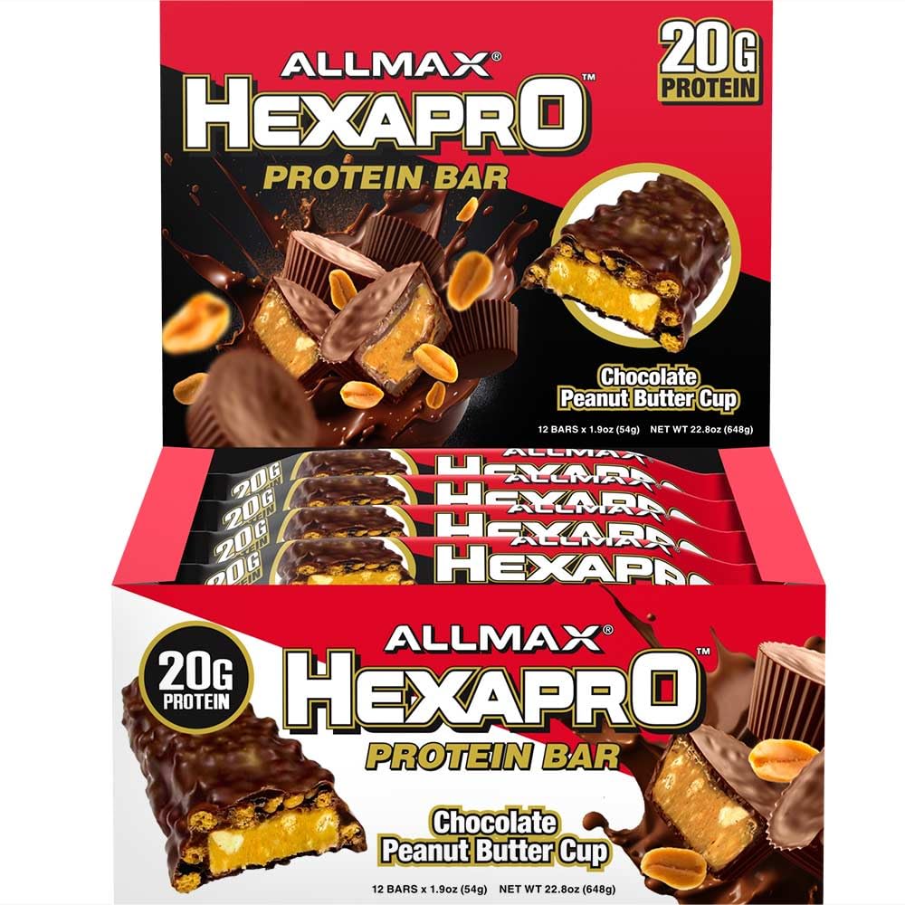 ALLMAX HEXAPRO PROTEIN, Čokoládový oříškový máslový pohár - balení po 12 - Vysokoproteinový energetický snack - 20 g proteinového baru - se syrovátkovým proteinovým izolátem