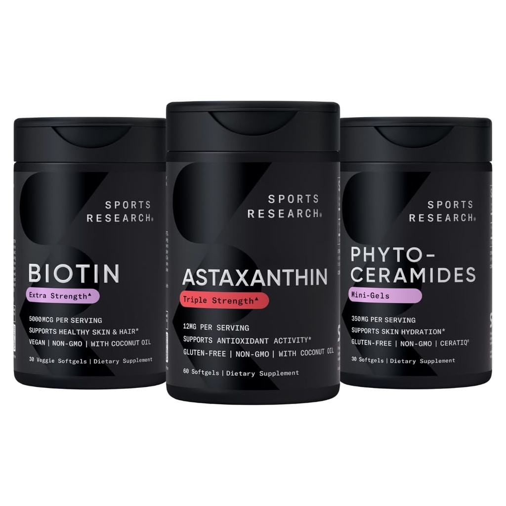 Sports Research ® Zdravá pleť a podpora vlasů - Vegan Biotin 10,000mcg s kokosovým olejem, Triple Strength Astaxanthin 12mg, a Phytoceramids 350mg na Softgel · Non- GMO · Vegan · Gluten- Free