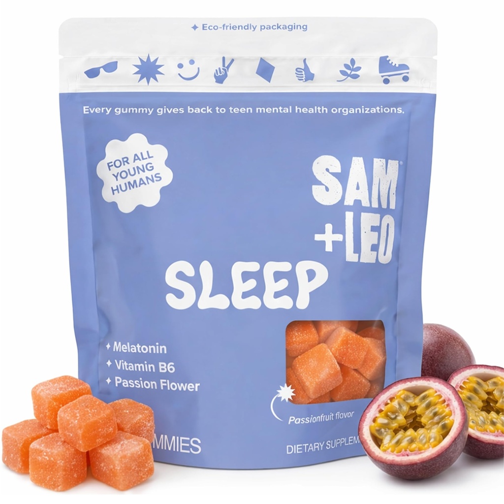 SAM + LEO Sleep Gummies for Kids & Teens with Melatonin, Passion Flower & Vitamin B6 - Gentle Sleep Aid Gummies for Restful Sleep Spind 124; Natural, Drug Free, Vegan & gluten Free, Passion Fruit Flavor (60 ct)