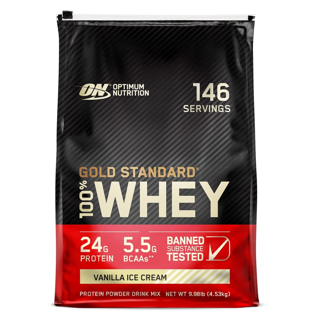 Optimum Nutrition Gold Standard 100% syrovátkový protein prášek, vanilková zmrzlina, 10 liber (balení květen Vary)