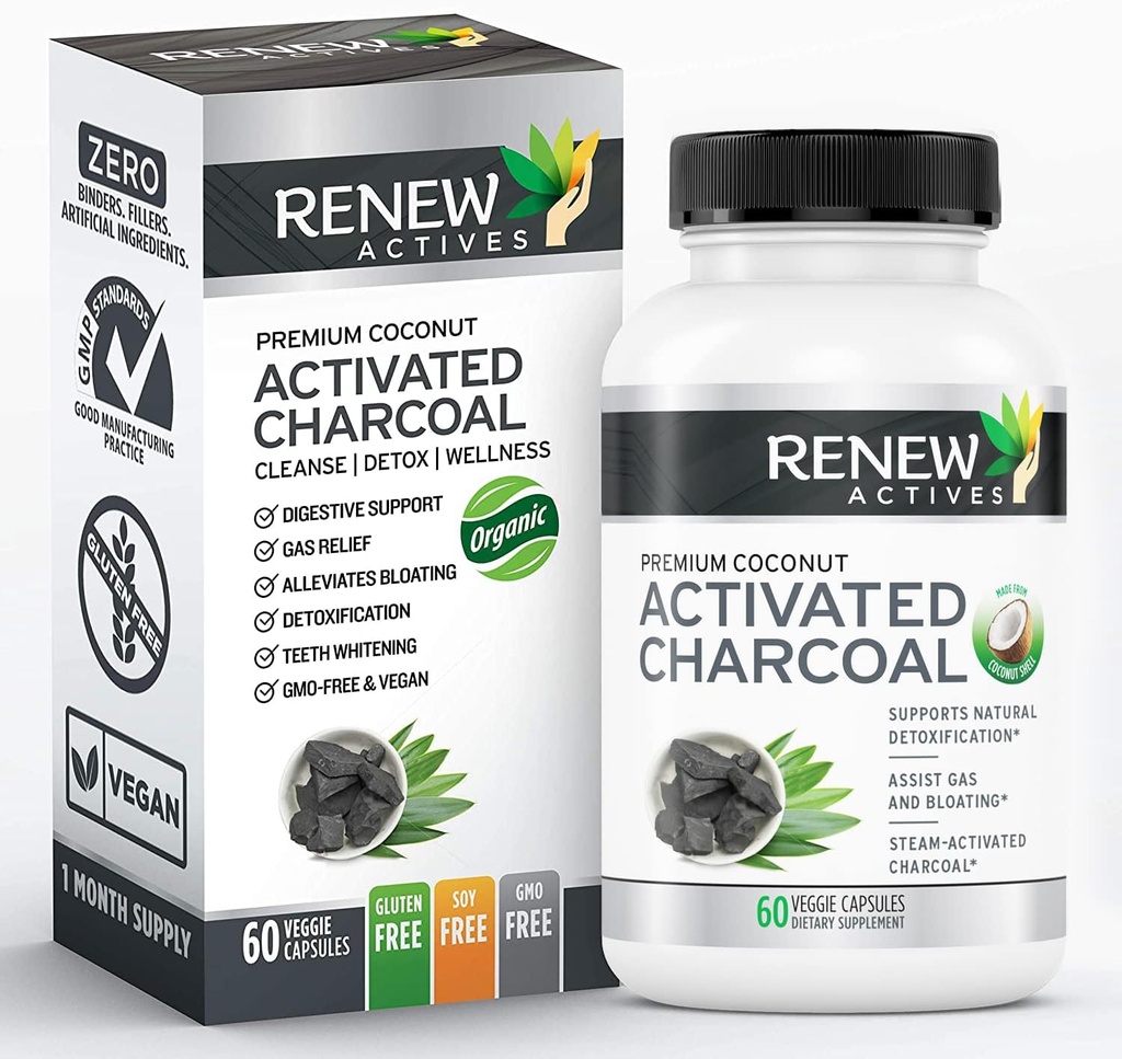 Reew Actives Activated Charcoal Supplement 1100MG / 2 Kapsle - Digestivní podpora a bělení zubů Formule, Žádné umělé přísady - Made in Canada - 60 Kapsle