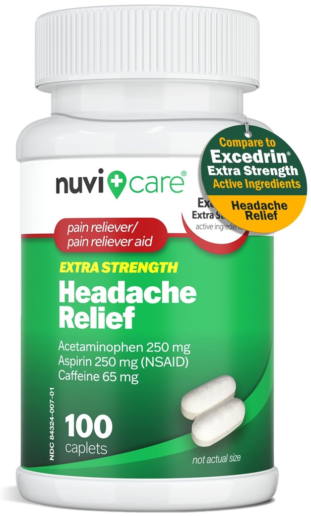 Reliéf bolesti hlavy s Acetaminophen 250 mg, Aspirin (NSAID) 250 mg, Kofein 65 mg - Dočasná úleva od menšiny Aches & Pains - Porovnejte s Excedren Extra Strength Pain Reliever (100 Kapletů)