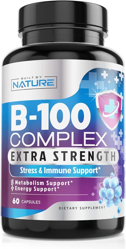 Vitamin B Complex - Všechny B vitaminy B1, B2, B3, B5, B6, B7, B9, B12, kyselina listová, vitamín C - Super B-100 dodatek - imunitní, energie a metabolismus podpora, Vegan, Non- GMO, gluten zdarma, 60 Kapsle