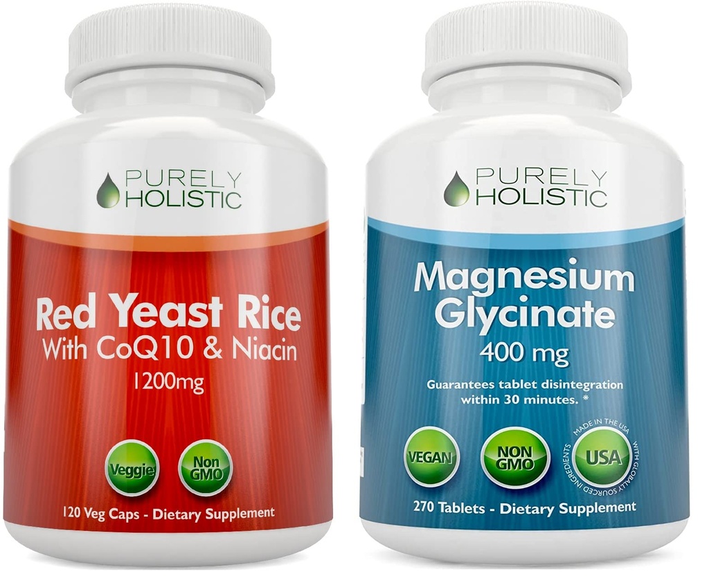 Čistě holistická červená kvasinková rýže 1200mg s CoQ10 & Niacin + Magnesium Glycinate 400mg - 120 Kapsle + 270 Tablety - Vyrobeno v USA