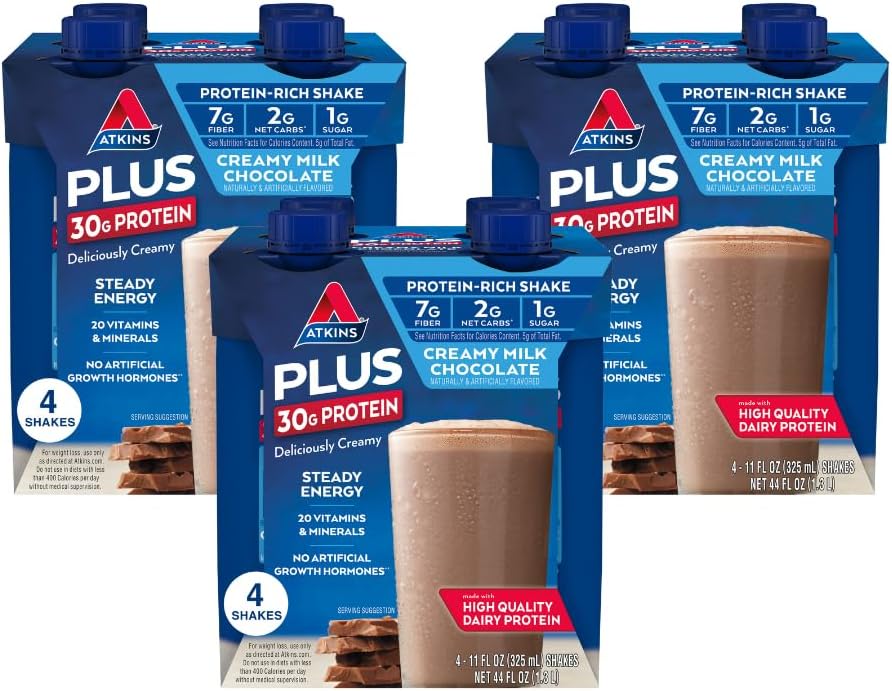 Atkins Creamy Mléko Čokoláda PLUS Protein Shake, 30g Protein, 7g Fiber, 2g Net Carb, 1g Cukr, Keto Friendly, Low Carb, High Protein Drink, 12 Počet