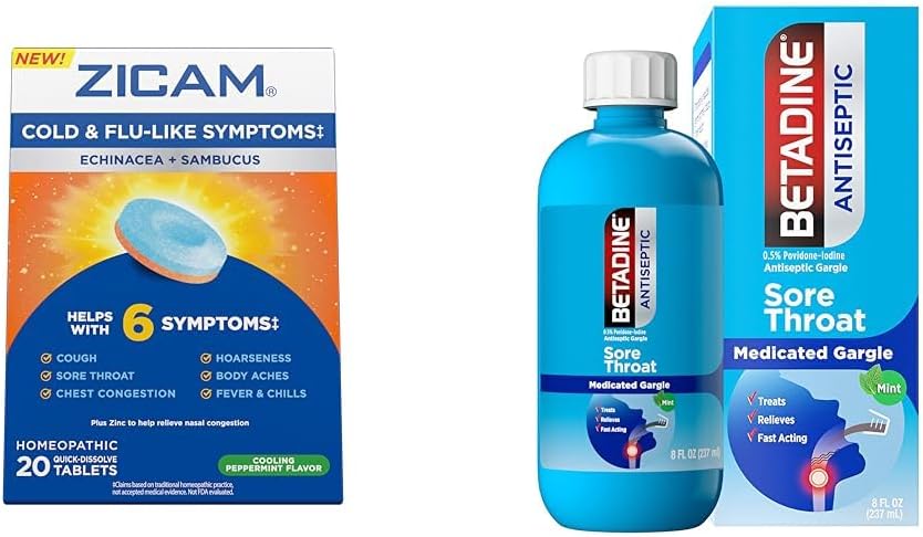 Zicam Cold Symptoms Relief with Betadin Sore Throat Gargle, Echinacea & Sambucus Homeopatické tablety, 20 Počet & 8 FL OZ