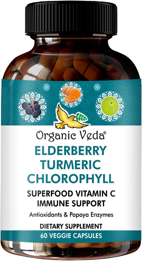 Organické Veda Elderberry Kurkuma Chlorofyl Imunitní Supplement - Superfoods Antioxidants, Zelený vitamín C, Grape Seed Extract, Acerola, Moringa & Papaya Enzymes - 60 Vegan Kapsle