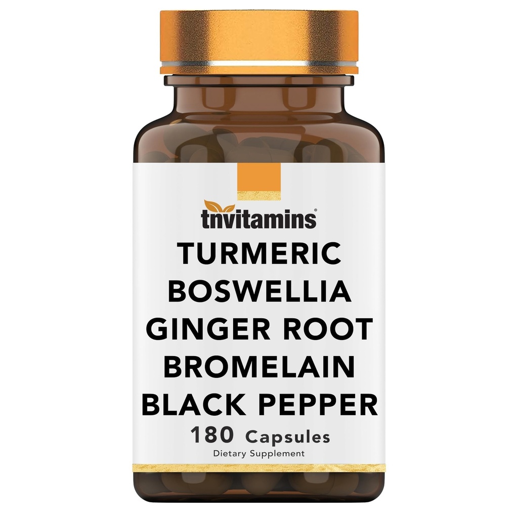 Tnvitamins Turmeric & Botwellia Complex (180 Kapsle) s Ginger Root, Bromelain, & Black Pepper Extract CLAS124; Joint- Ease Formule: Výkonný doplněk společné podpory * CLAS124; Vyrobeno v USA