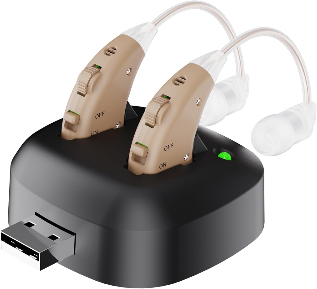 Digitální zesilovač sluchu - dobíjecí za uchem Osobní zesilovač sluchu Zvukový zesilovač Pár, BTE Digitální zesilovač sluchu s USB nabíjecím dokem MEDca