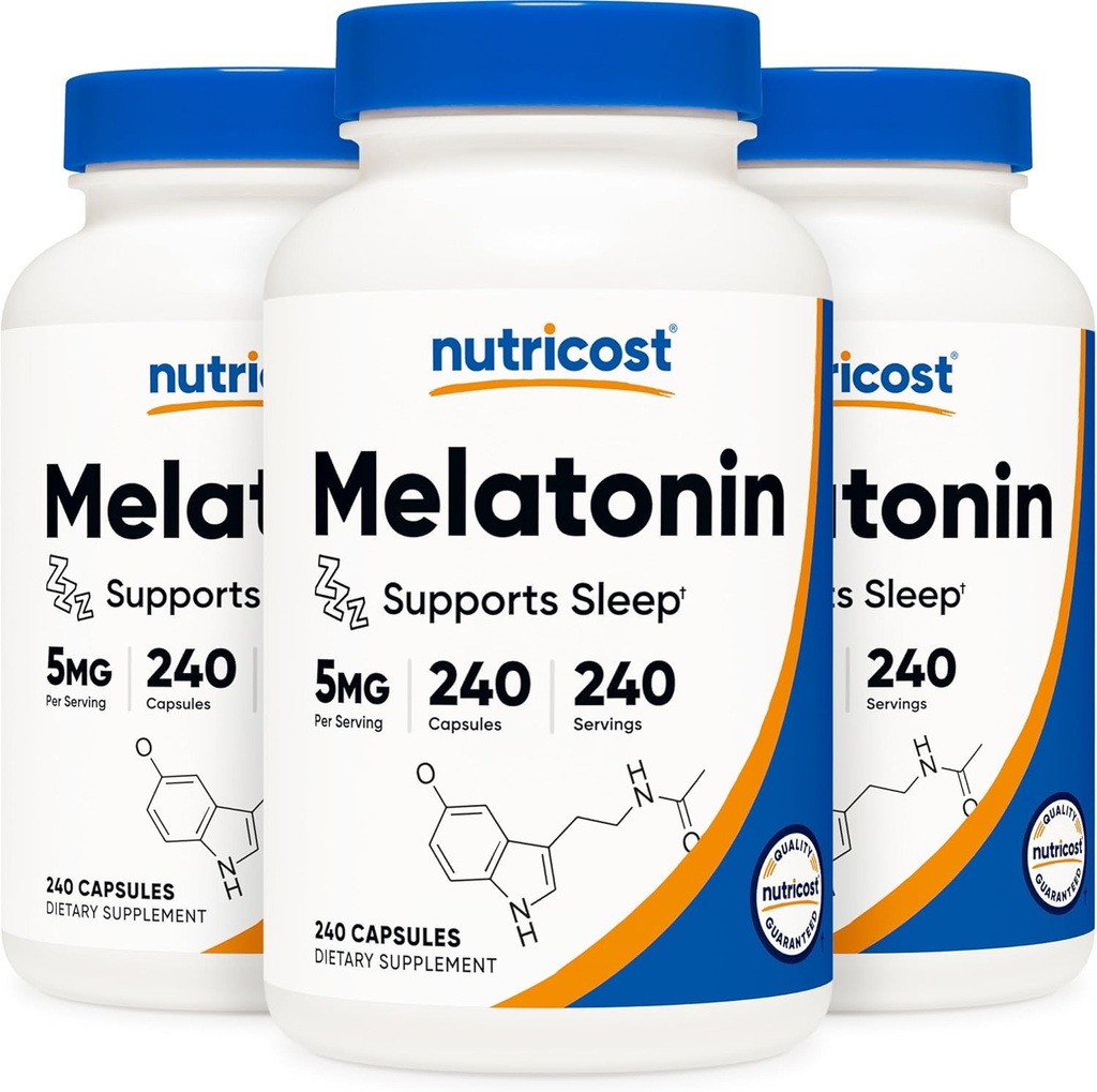 Nutricost Melatonin 5 mg, 240 tobolek (3 lahvičky)