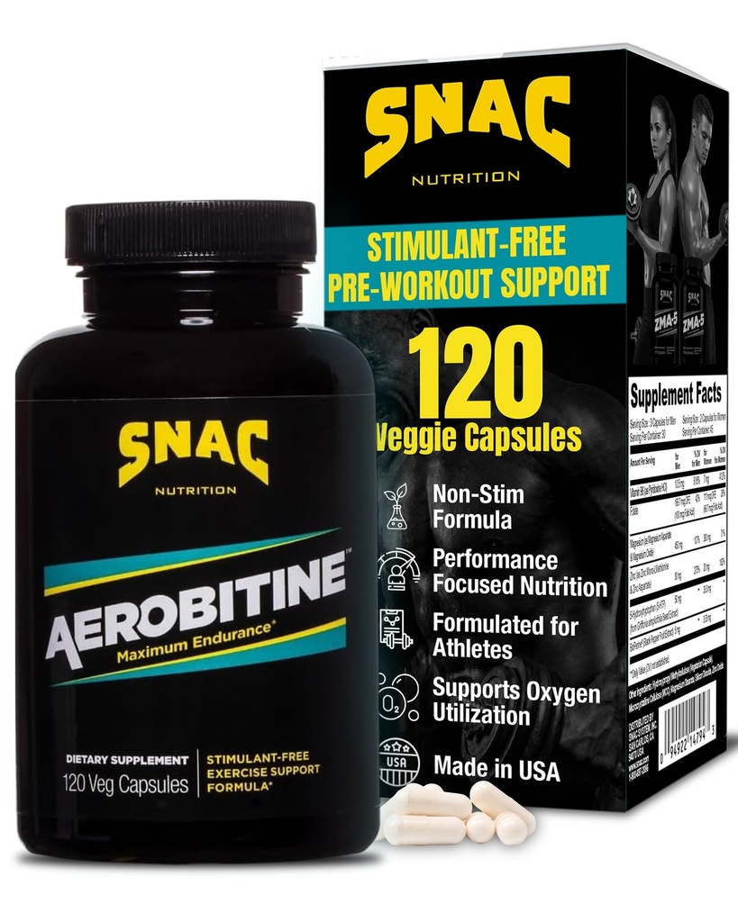SNAC Aerobitin - Stimulant Free Pre- Workout Dodatek pro maximální vytrvalost. Nitric Oxide Booster, zlepšuje krevní tok, snižuje únavu a termogenní výhody. 120 Veggie Kapsle