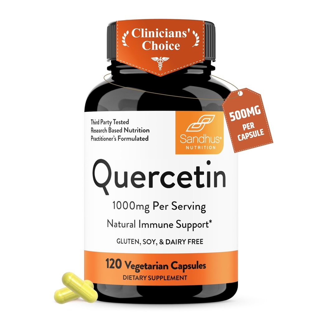 Sandhu Quercetin Vegetariánské kapsle Doplňky 120 Počet (balení po 1) 124; Bioflavonoidy pro imunitní podporu a respirační zdraví, Sezónní alergie Podpora 124; Quercitin pro muže a ženy