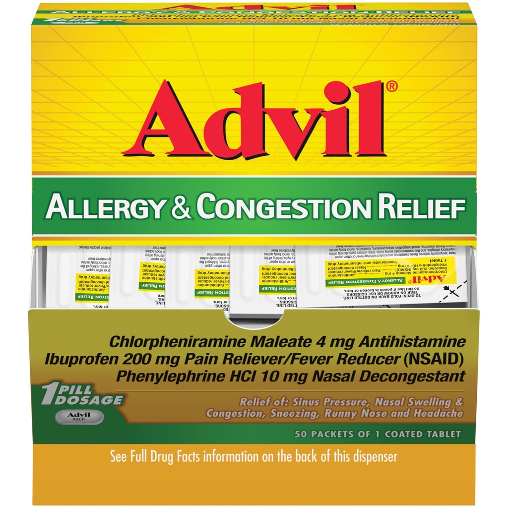 Advil Alergie a zácpa Relief Tablety, bolest Reliever, Horečka Reducer a Alergie Relief s Ibuprofen, Fenylefrin HCl a Chlorfeniramin Maleate 4 mg - 50 potahované tablety