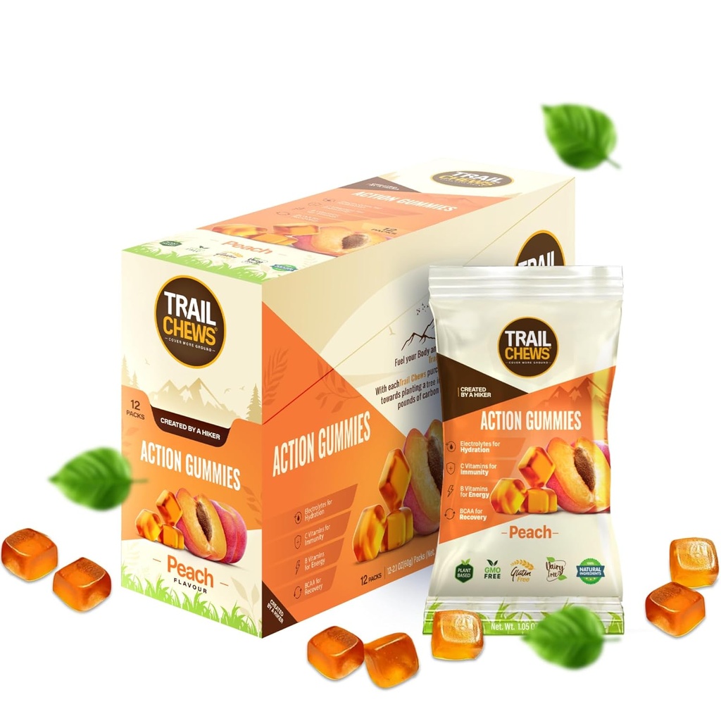- Peach Flavor - 4- in-1 Energy Gummies for Energy, Hydration, Imunity, Recovery. Podporuje vytrvalost a výkon. Plant- based & gluten- Free. 12 sáčků, 10 gumové každý.