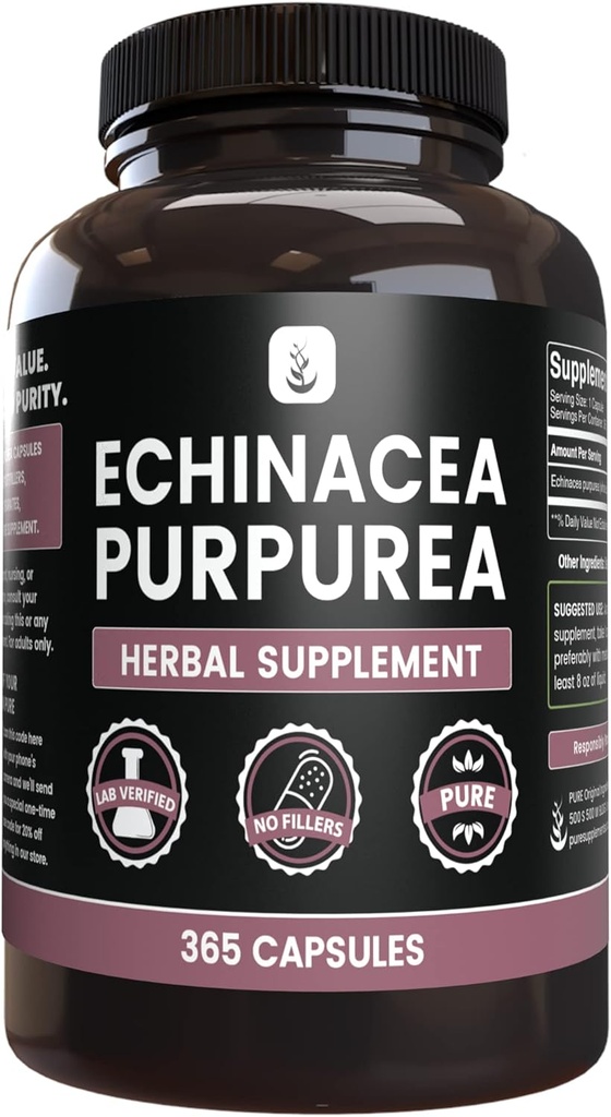 PRŮVODNÍ INGREDIENTY Echinacea Purpurea (365 tobolek) Ne hořčík nebo rýžové plnidla, Vždy čisté, Laboratorní ověřené