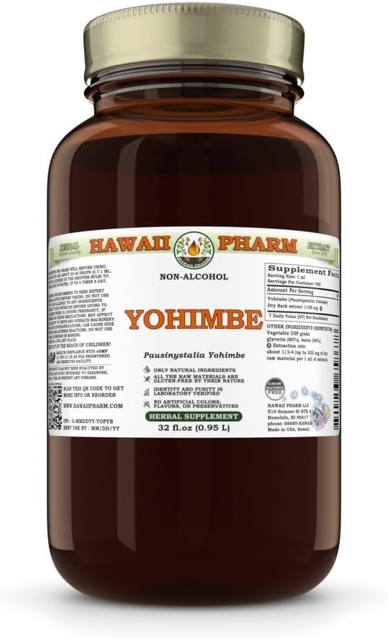 Yohimbe (Pausinystalia Yohimbe) Dry Bark Glycerite, Made in Hawaii, All Natural, Vegan, Lab Tested Alcohol- Free Liquid Extract - 32 fl.oz